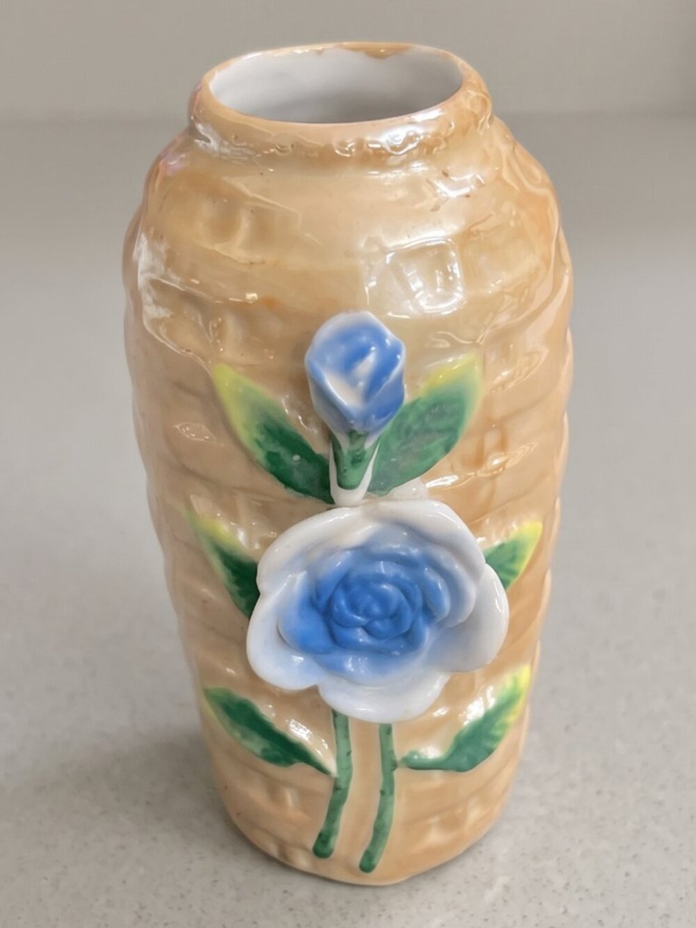 Vintage Japan Porcelain Lustreware Vase 3D Blue Rose Peach Floral Bud Vase 4.25”